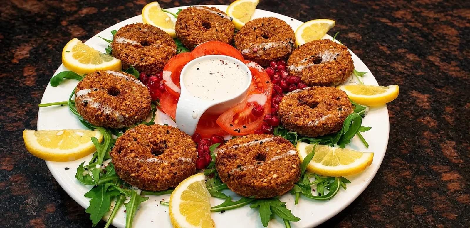 Festlich angerichtete Falafelplatte mit Tomaten, Rucola und Zitronen