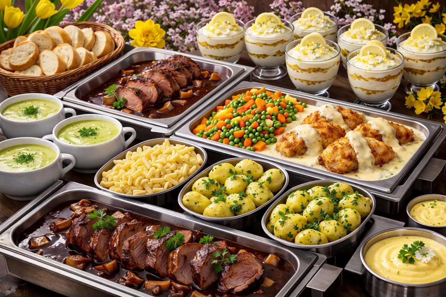 Deutsches Buffet mit Braten, Kartoffeln, Gemüse und Dessert